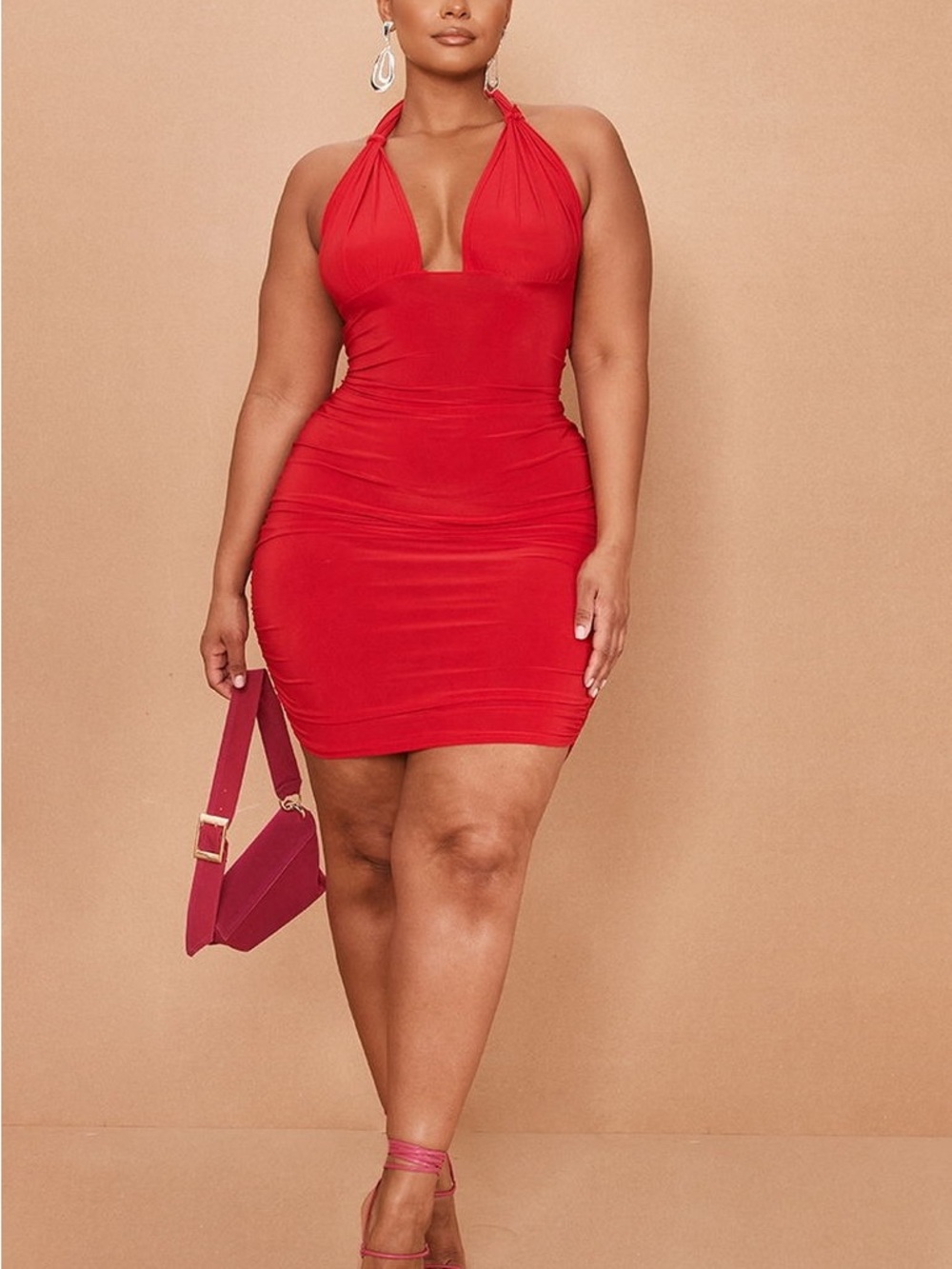PrettyLittleThing Red Slinky detail Halterneck Ruched Bodycon Dress